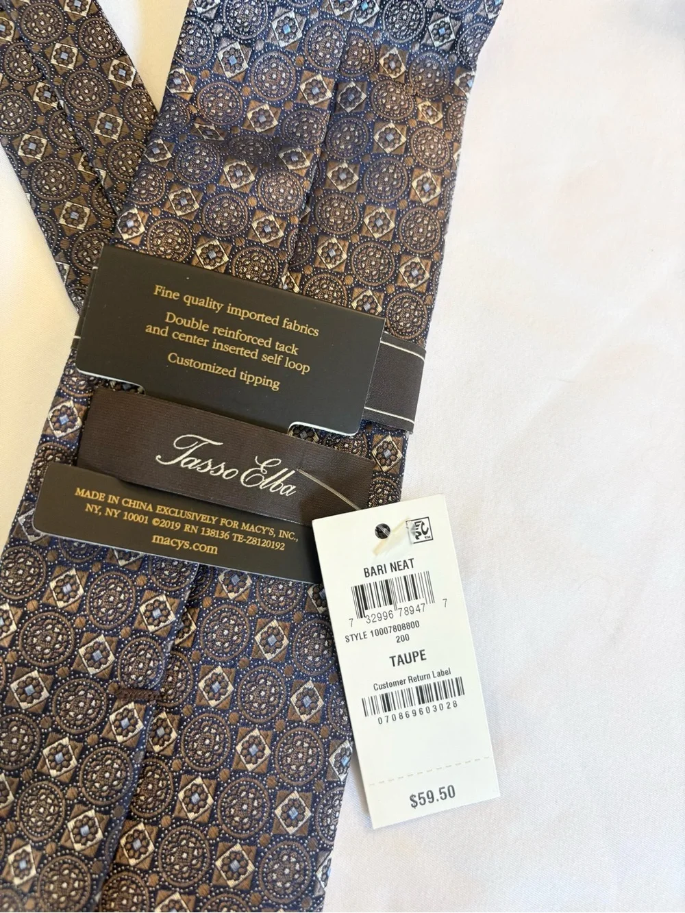 Tasso Elba brown blue and Gold Geometric Silk Tie